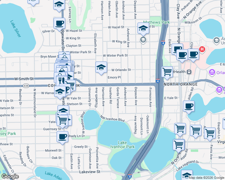 map of restaurants, bars, coffee shops, grocery stores, and more near 2103 Ivanhoe Road in Orlando