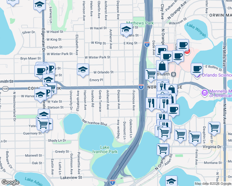 map of restaurants, bars, coffee shops, grocery stores, and more near 9 West Harvard Street in Orlando