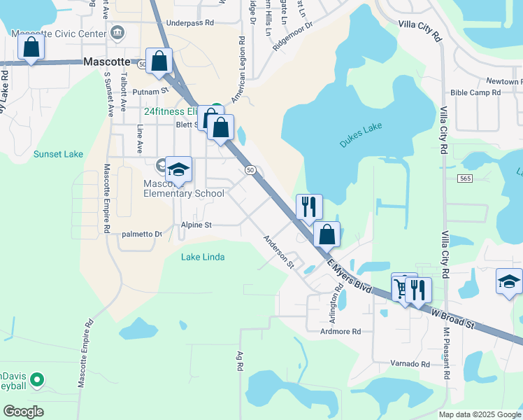 map of restaurants, bars, coffee shops, grocery stores, and more near 719 Alpine Street in Mascotte