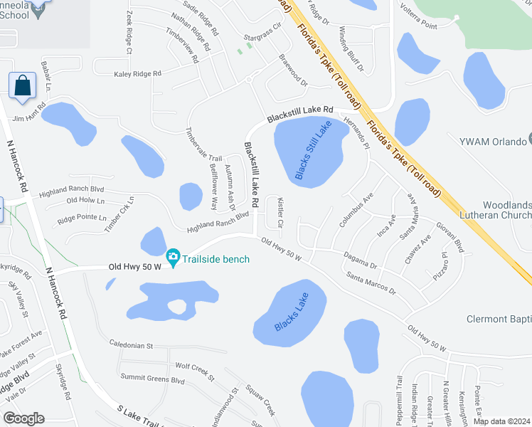 map of restaurants, bars, coffee shops, grocery stores, and more near Kistler Circle Road in Clermont