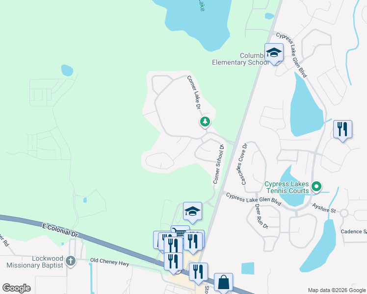 map of restaurants, bars, coffee shops, grocery stores, and more near 2038 Corner Meadow Circle in Orlando