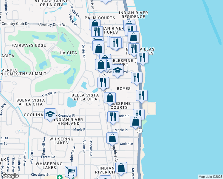 map of restaurants, bars, coffee shops, grocery stores, and more near 3765 South Hopkins Avenue in Titusville