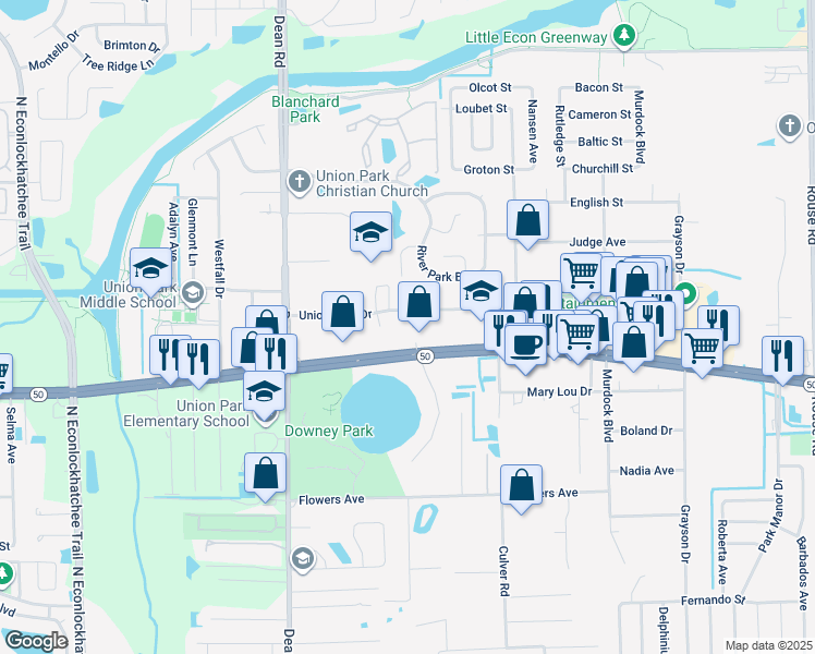 map of restaurants, bars, coffee shops, grocery stores, and more near 2018 Royal Vista Court in Orlando