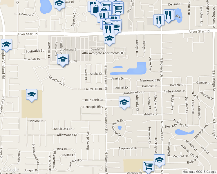 map of restaurants, bars, coffee shops, grocery stores, and more near 2209 North Hiawassee Road in Orlando