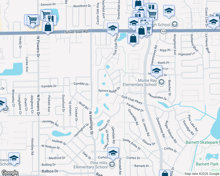 map of restaurants, bars, coffee shops, grocery stores, and more near 1707 Pointe Ridge Court in Orlando