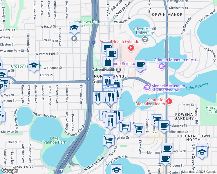 map of restaurants, bars, coffee shops, grocery stores, and more near 321 Harvard Street in Orlando