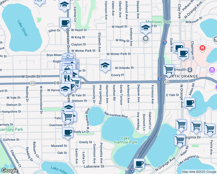 map of restaurants, bars, coffee shops, grocery stores, and more near 2105 Harrison Avenue in Orlando