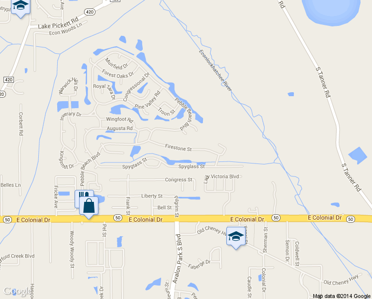 map of restaurants, bars, coffee shops, grocery stores, and more near 14500-14944 Firestone Street in Orlando