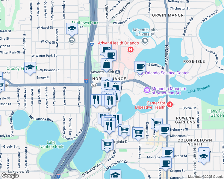map of restaurants, bars, coffee shops, grocery stores, and more near 2005 North Orange Avenue in Orlando