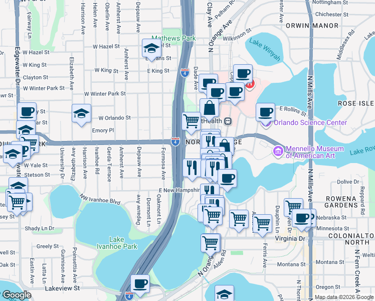map of restaurants, bars, coffee shops, grocery stores, and more near 205 Harvard Street in Orlando