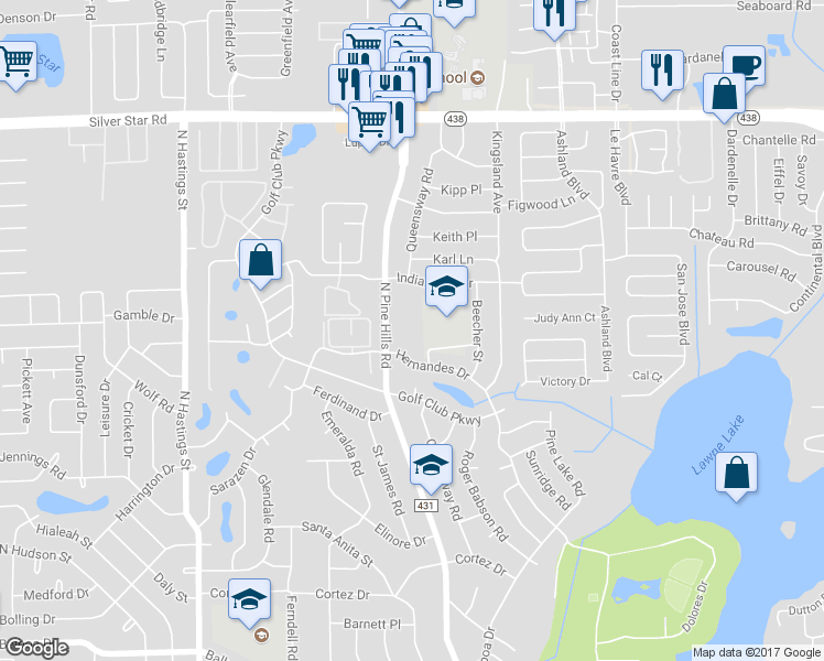 map of restaurants, bars, coffee shops, grocery stores, and more near 5211 Hernandes Drive in Orlando