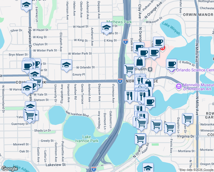 map of restaurants, bars, coffee shops, grocery stores, and more near 25 Harvard Street in Orlando
