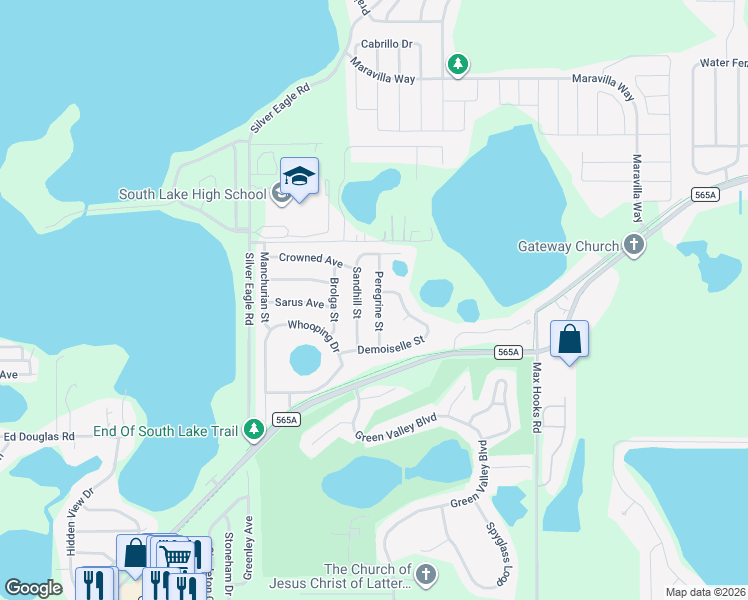 map of restaurants, bars, coffee shops, grocery stores, and more near 1115 Peregrine Street in Groveland
