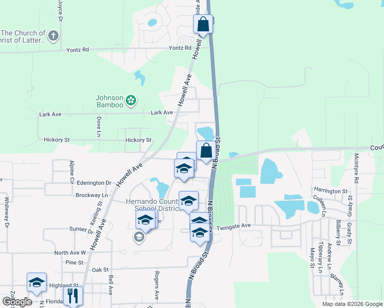 map of restaurants, bars, coffee shops, grocery stores, and more near 27 Croom Road in Brooksville