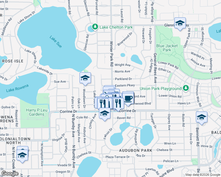 map of restaurants, bars, coffee shops, grocery stores, and more near 2603 Winter Park Road in Winter Park