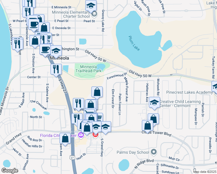map of restaurants, bars, coffee shops, grocery stores, and more near 831 Forestwood Drive in Minneola
