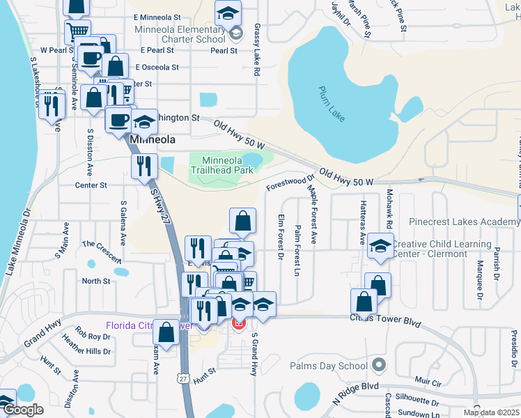map of restaurants, bars, coffee shops, grocery stores, and more near 832 Forestwood Drive in Minneola