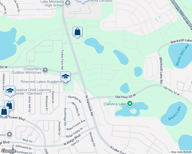 map of restaurants, bars, coffee shops, grocery stores, and more near 983 North Hancock Road in Clermont