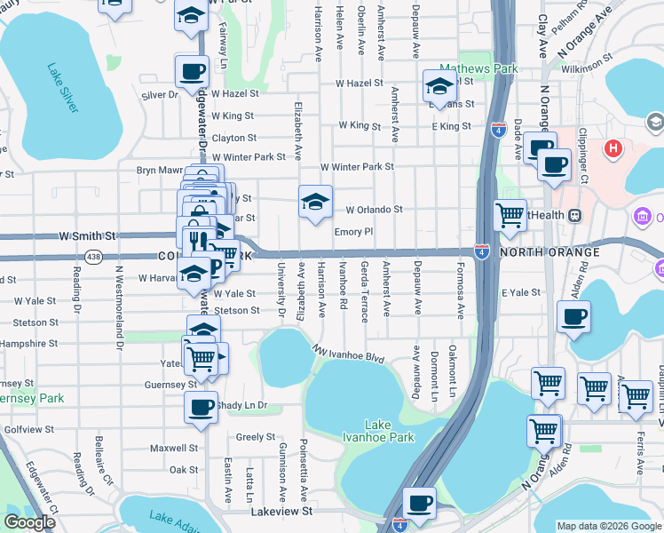 map of restaurants, bars, coffee shops, grocery stores, and more near 2102 Harrison Avenue in Orlando