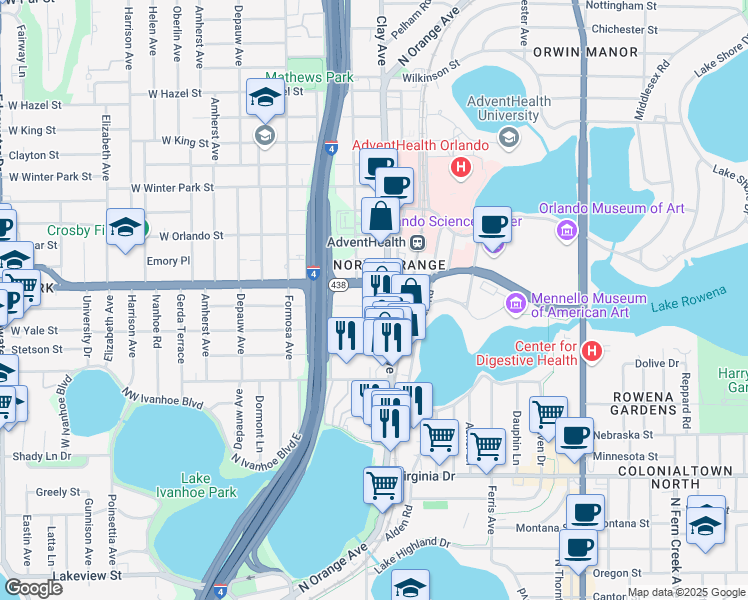 map of restaurants, bars, coffee shops, grocery stores, and more near 321 Harvard Street in Orlando