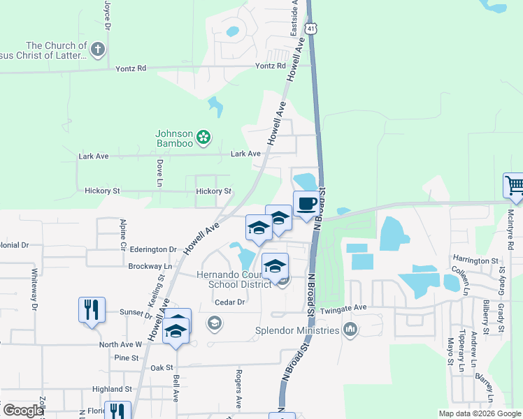 map of restaurants, bars, coffee shops, grocery stores, and more near 15 Croom Road in Brooksville