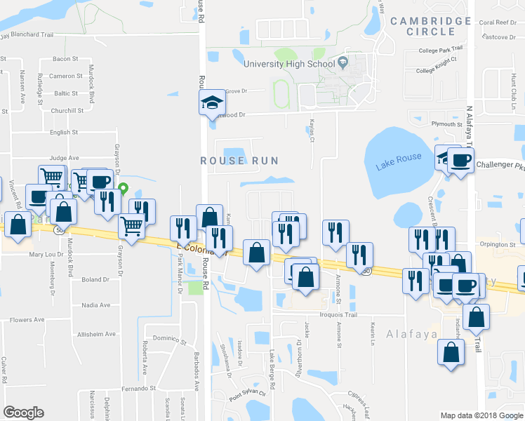 map of restaurants, bars, coffee shops, grocery stores, and more near 11089 East Colonial Drive in Orlando