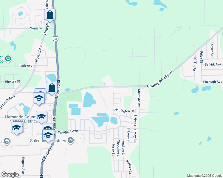 map of restaurants, bars, coffee shops, grocery stores, and more near 22176 Croom Road in Brooksville
