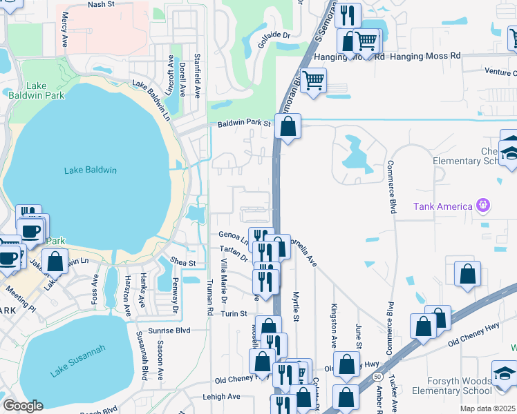map of restaurants, bars, coffee shops, grocery stores, and more near 5649 Royal Pine Boulevard in Orlando