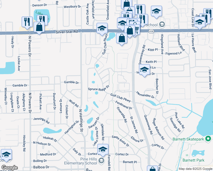 map of restaurants, bars, coffee shops, grocery stores, and more near 1812 Elm Ridge Court in Orlando