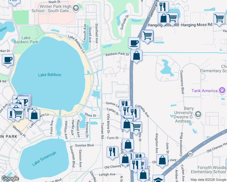 map of restaurants, bars, coffee shops, grocery stores, and more near 5434 Decatur Street in Orlando