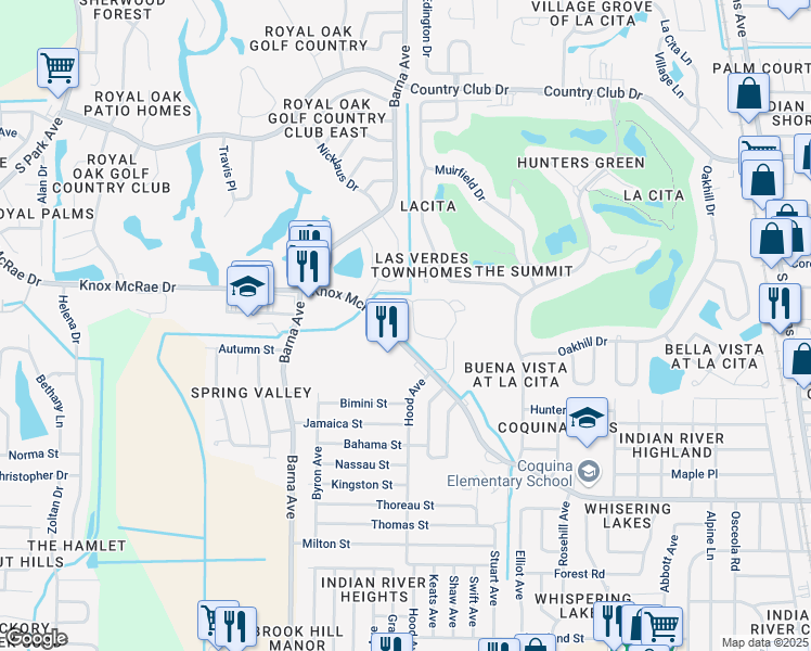 map of restaurants, bars, coffee shops, grocery stores, and more near 1065 Solamere Drive in Titusville