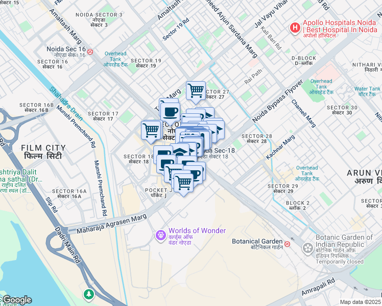 map of restaurants, bars, coffee shops, grocery stores, and more near 22 Captain Vijyant Thapar Marg in Noida
