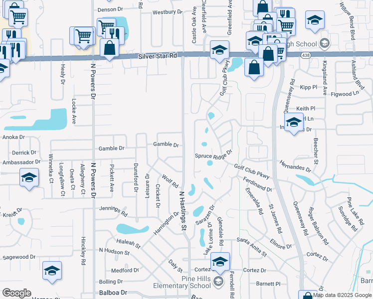 map of restaurants, bars, coffee shops, grocery stores, and more near 1838 Spruce Ridge Drive in Orlando