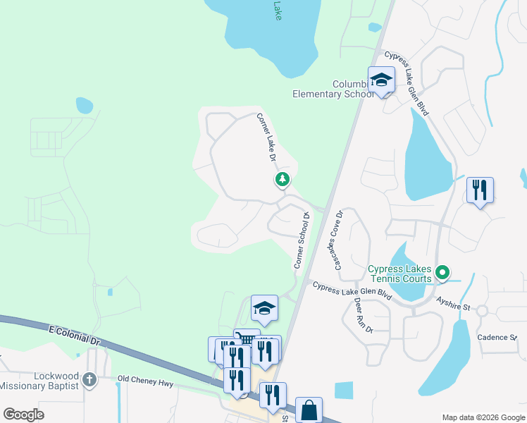 map of restaurants, bars, coffee shops, grocery stores, and more near 2038 Corner Meadow Circle in Orlando