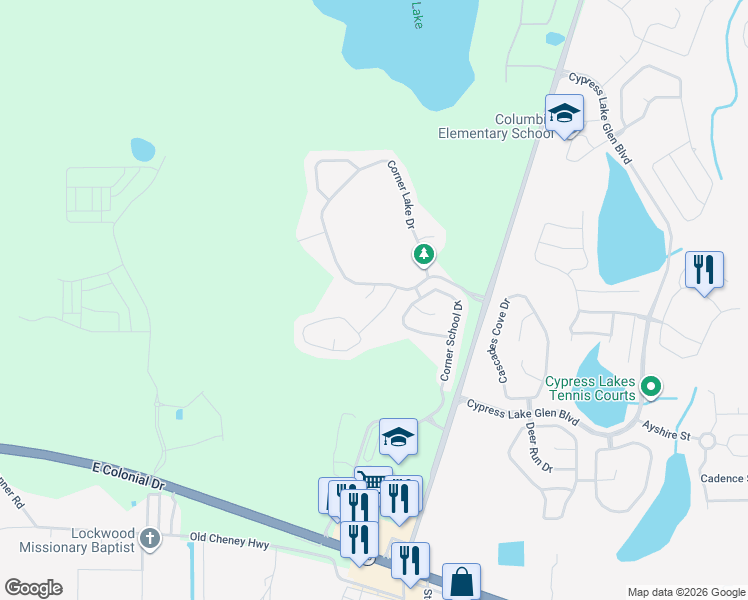 map of restaurants, bars, coffee shops, grocery stores, and more near 2038 Corner Meadow Circle in Orlando