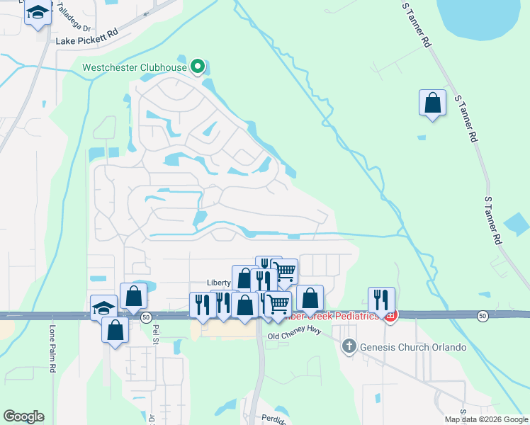 map of restaurants, bars, coffee shops, grocery stores, and more near 14500-14944 Firestone Street in Orlando