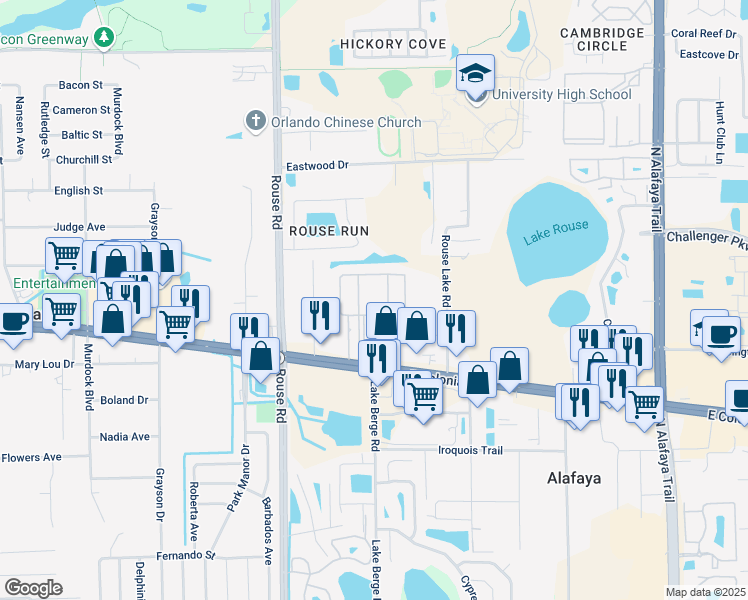 map of restaurants, bars, coffee shops, grocery stores, and more near 11089 East Colonial Drive in Orlando