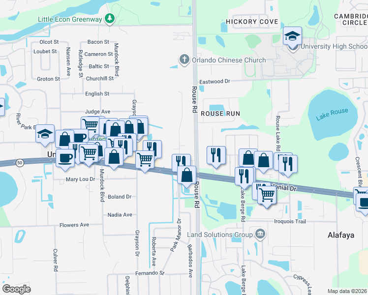map of restaurants, bars, coffee shops, grocery stores, and more near 1829 Park Manor Drive in Orlando