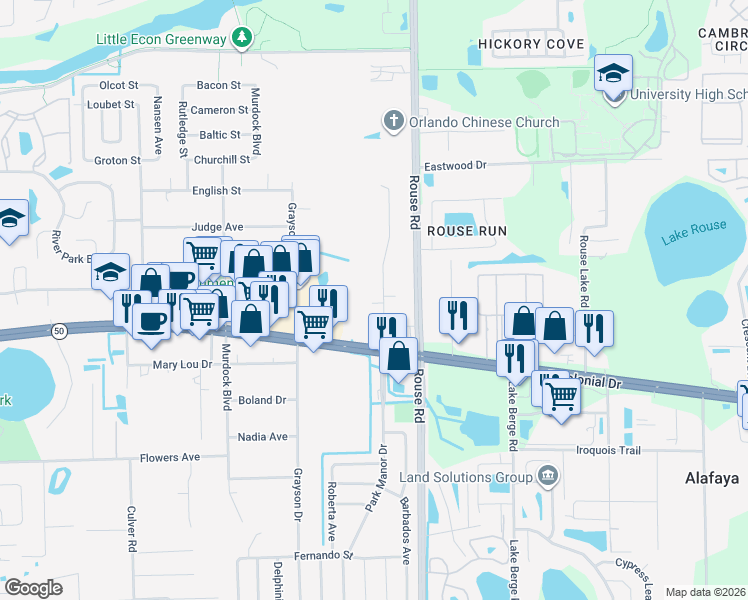 map of restaurants, bars, coffee shops, grocery stores, and more near 1826 Park Manor Drive in Orlando