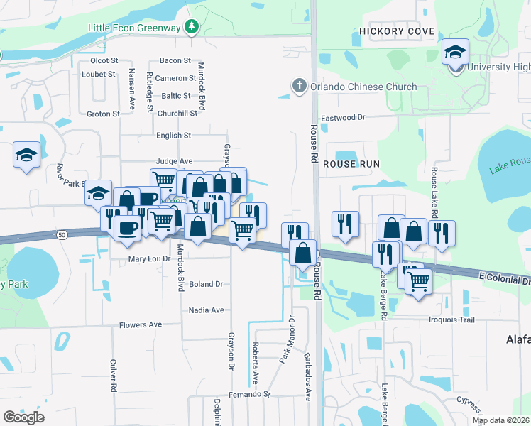 map of restaurants, bars, coffee shops, grocery stores, and more near 1826 Park Manor Drive in Orlando