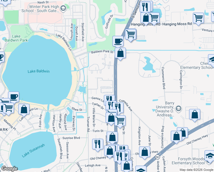 map of restaurants, bars, coffee shops, grocery stores, and more near 5652 Royal Pine Boulevard in Orlando