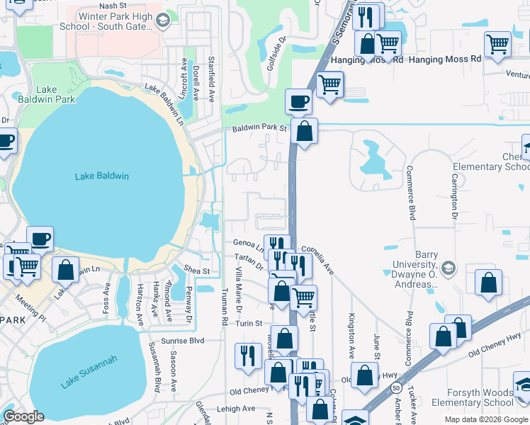 map of restaurants, bars, coffee shops, grocery stores, and more near 5652 Royal Pine Boulevard in Orlando