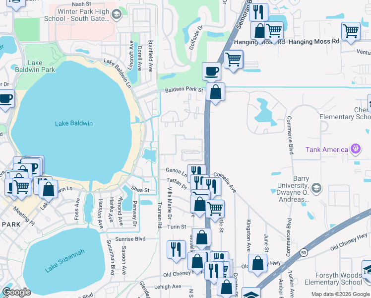map of restaurants, bars, coffee shops, grocery stores, and more near 5434 Decatur Street in Orlando