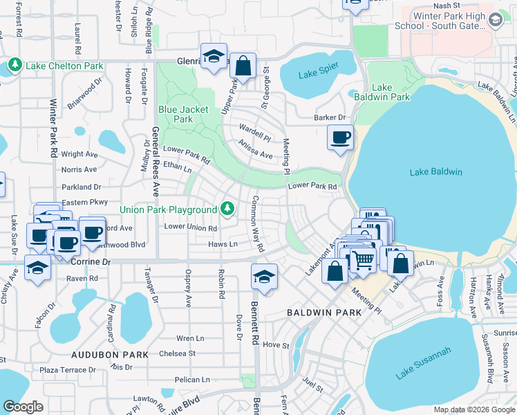 map of restaurants, bars, coffee shops, grocery stores, and more near 4273 Upper Union Road in Orlando