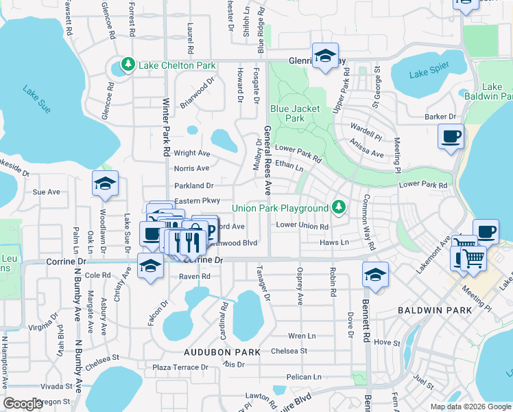 map of restaurants, bars, coffee shops, grocery stores, and more near 3031 Northwood Boulevard in Winter Park