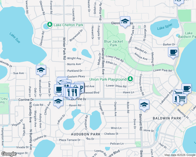 map of restaurants, bars, coffee shops, grocery stores, and more near 3031 Northwood Boulevard in Winter Park