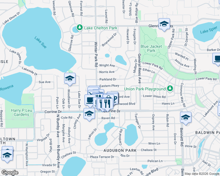 map of restaurants, bars, coffee shops, grocery stores, and more near 2817 Woodside Avenue in Winter Park