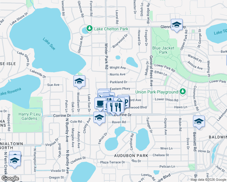 map of restaurants, bars, coffee shops, grocery stores, and more near 2719 Woodside Avenue in Winter Park