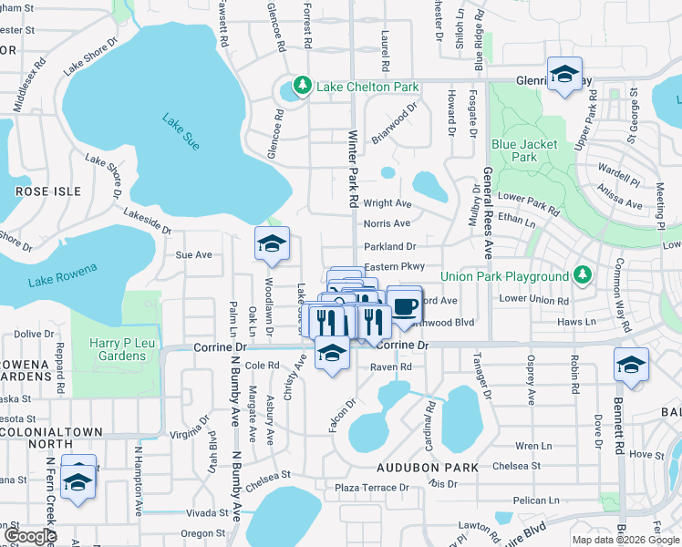 map of restaurants, bars, coffee shops, grocery stores, and more near 2603 Winter Park Road in Winter Park