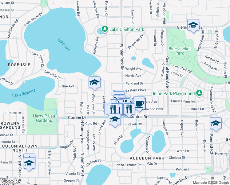 map of restaurants, bars, coffee shops, grocery stores, and more near 2603 Winter Park Road in Winter Park